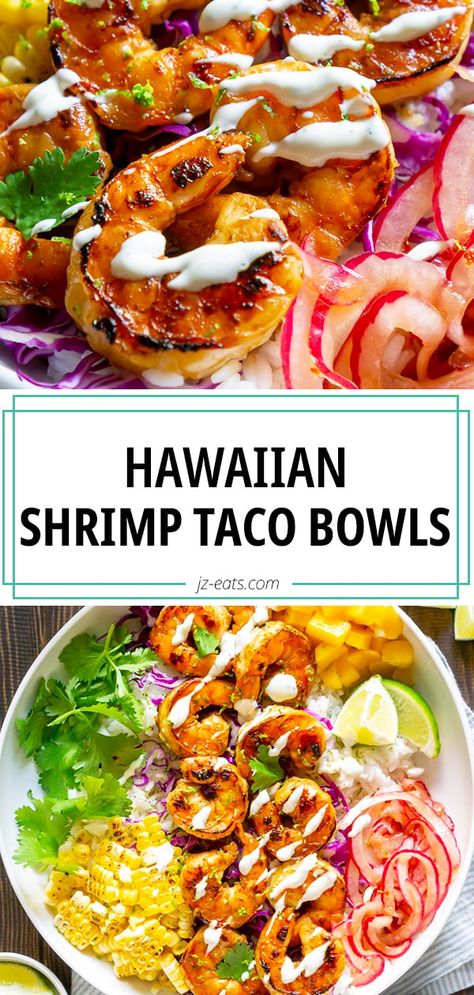 Healthy Seafood Bowls, Easy Unique Dinner Recipes Healthy, Bobby Calabrese Recipes, Shrimp Bowl Ideas, Easy Taco Bowls, Hawaiian Shrimp Taco Bowl, Shrimp Taco Salad Bowl, Hawaiian Shrimp Bowl, Bowl Me Over