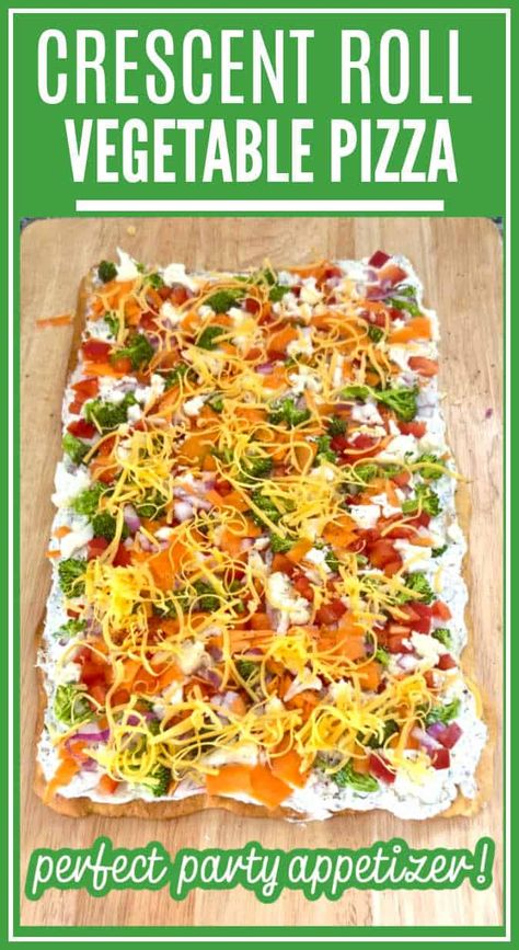 Vegetable pizza is made with a flaky crescent roll crust, a flavorful cream cheese spread, and a colorful medley of fresh vegetables. Make it for a crowd pleasing appetizer or a light meal. Cressant Roll Pizza, Veg Pizza Crescent Rolls, Vegetable Pizza Crescent Roll Ranch, Crescent Roll Veggie Pizza Cream Cheeses, Vegetable Pizza With Cream Cheese, Vegetable Pizza Crescent Roll, Cresent Roll Veggie Pizza, Vegtable Pizza, Veggie Pizza With Cream Cheese