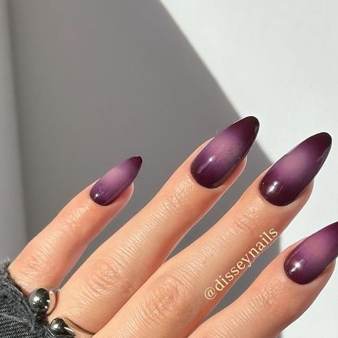 Dark Purple Chrome Nails Almond, Dark Sultry Nails, Dark Plum Ombre Nails, Dark Purple Aura Nails, Purple Aurora Nails, Vampire Aura Nails, Eggplant Nails Designs, Eggplant Purple Nails, Dark Red Aura Nails