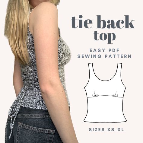 This listing is for a PDF tie back top sewing pattern - this is a simple design that features under-bust gathers and a lattice back with a tie string. It is a simple pattern great for beginners.  The pattern: ----------------- - The pattern that you will download consists of 8 pages that are compatible with US Letter and A4 paper. - The easiest way to download and print this pattern is to download Adobe Acrobat Reader (easy to download online). Be careful not to scale the pattern up or down. The Easy Sewing Tops For Beginners, Summer Shirt Sewing Patterns, Small Simple Sewing Projects, Tie Back Top Sewing Pattern, Sewing Cami Top, Y2k Sewing Patterns, Small Easy Sewing Projects For Beginners, Cute Top Sewing Patterns, How To Cinch A Shirt