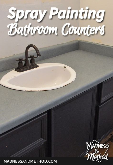 Do you have an ugly and outdated countertop? Spray painting bathroom counters is cheap and easy, and it completely transforms the look! Bathroom Counter Refinish, Bathroom Counter Cover Up, Painting Bathroom Countertops And Sink, Dark Countertop Bathroom Ideas, Green Countertops Bathroom, Bathroom Counter Top Ideas, Bathroom Counter Makeover, Bathroom Counter Paint, Diy Bathroom Countertop