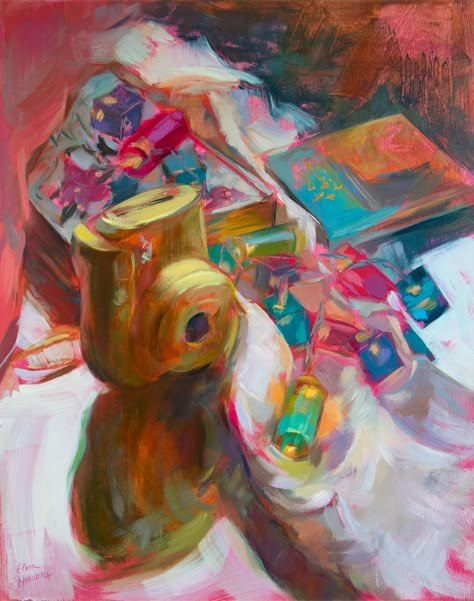 Still life painting with Christmas lights, books, and a yellow camera Daily Life Artwork, Ala Prima Painting, Camera Oil Painting, Creative Still Life Painting, Kazuhiro Hori, Mundane Art, Childhood Artwork, Art About Childhood, Elena Morozova