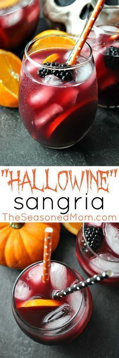 Festive drink for Halloween!  #sangria homechanneltv.com Halloween Drinks Alcohol Pitcher, Halloween Book Club Food, Easy Halloween Sangria, Halloween Sangria Punch, Spooky Sangria Recipes, Halloween Sangria Recipes, Spooky Sangria, Sangria Recipes Easy, Halloween Sangria