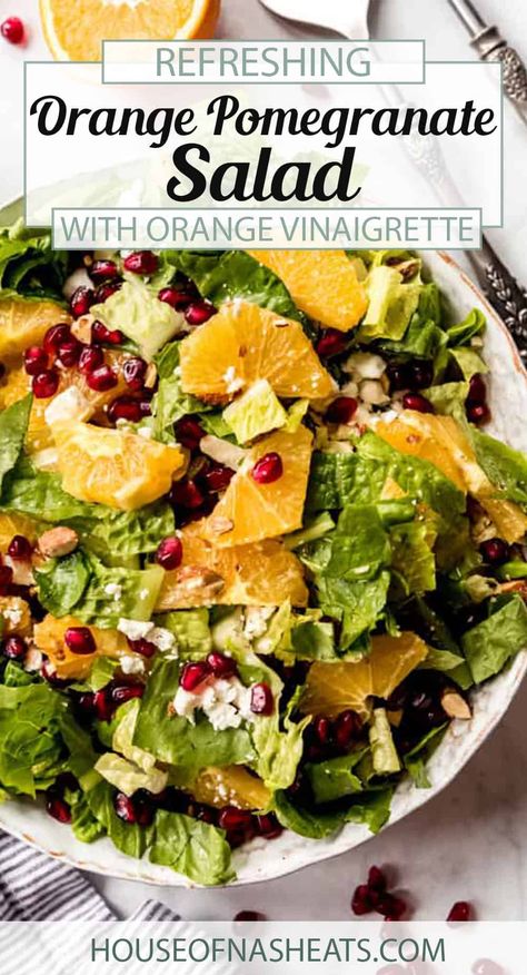 Orange Vinaigrette Dressing, Easy Side Salad, Healthy Vinaigrette, Pomegranate Recipes Salad, Orange Pomegranate, Orange Vinaigrette, Thanksgiving Salad, Citrus Vinaigrette, Pomegranate Salad