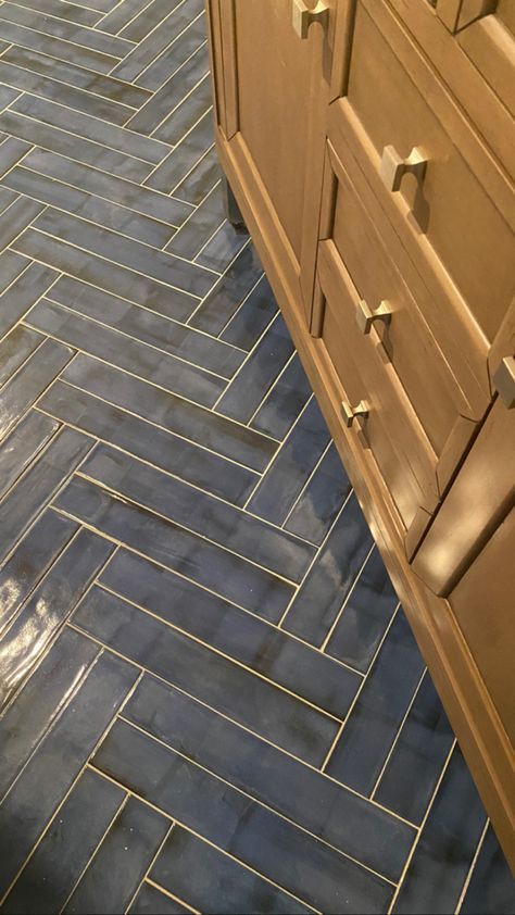 Double Herringbone Floor, Blue Tile Floor Bathroom, Blue Herringbone Tile Bathroom, Double Herringbone Tile, Kitchen Dado, Subway Tile Herringbone, Blue Herringbone Tile, Playroom Bathroom, Herringbone Tile Bathroom