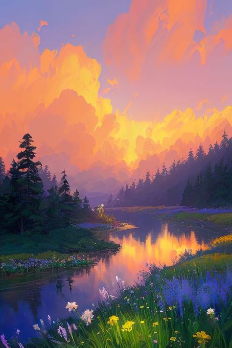 Art Inspired by the Outdoors: Landscape Paintings Sunset Canvas Painting, Colorful Sky, Watercolor Paintings Nature, Forest Sunset, Orange Sunset, Scenery Paintings, Scenic Art, Sunset Nature, Fantasy Paintings