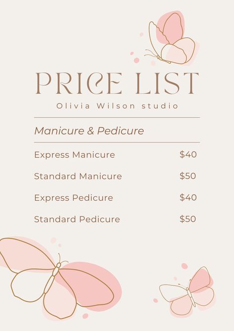 See more templates in my Canva portfolio 👉 https://www.canva.com/p/olegnik/ ⭐️ This design meets the following characteristics: butterflies watercolor pink salon studio beauty manicure price list elegant price list Manicure Price List, Canva Portfolio, Beauty Salon Price List, Pink Salon, Salon Price List, Elegant Manicure, Gold Watercolor, Butterfly Watercolor, Canva Design