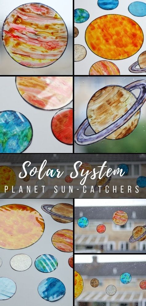 Solar System Sun-Catchers Craft - find out how to make transparent sun-catchers like each of the 8 planets in the solar system. This #space craft is great for children and adults and creates a beautiful piece of art to decorate a window when finished #spaceart #craftsforkids #crafting #solarsystem #suncatchers #planets Solar System Eyfs Activities, Planet Sun Catchers, Planets Mobile Solar System, Planets Eyfs Activities, Easy Sun Catchers, Sun Art Project, Sun Crafts For Kids, Space Eyfs, Solar System Craft