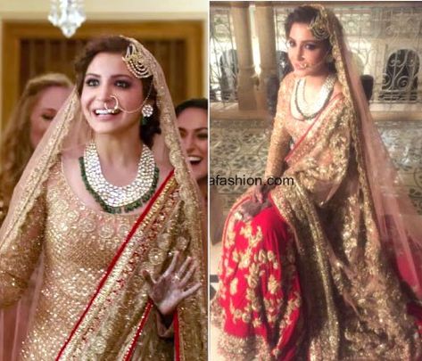 Anushka Sharma's wedding look in a red and gold lehengas with embroidery work paired with a dull gold long shirt and beautiful Kundan and emerald bridal jewellery and jhoomar by manish Manish Malhotra for Ae dil hai mushkil | Bollywood fashion | Wedding Lehengas | bollywood lehenga | designer lehenga Ae Dil Hai Mushkil, Ae Dil, Simple Bridal Jewelry, Wedding Lehengas, Bollywood Lehenga, Bridal Dresses Pakistan, Manish Malhotra, Indian Bridal Wear, Bridal Fashion Jewelry