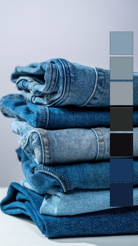 Jeans Product Shoot, Denim Aesthetic Photography, Denim Mood Board, Jeans Graphic Design, Denim Color Palette, Denim Palette, Clothing Advertising Ideas, Denim Color Scheme, Denim Inspiration Board