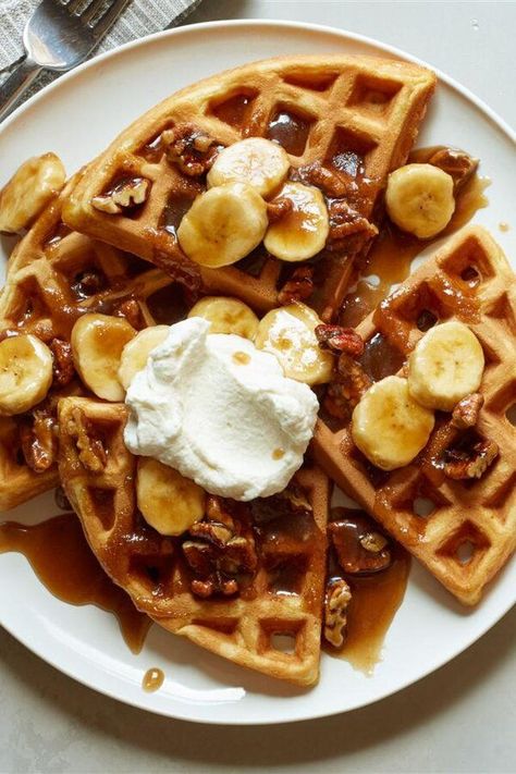 Bananas Foster Belgian Waffles | "Wonderful flavors! I followed the recipe exactly and was definitely impressed by the combination of flavors!" #breakfastrecipes #brunchrecipes #breakfastideas #brunchideas #waffles #wafflerecipes #bestwafflerecipe Fancy Waffle Recipes, Belgian Waffle Ideas, Belgian Waffle Topping Ideas, Bacon Waffles Recipe, Waffle Flavors, Waffles With Bananas, Waffles Toppings Ideas, Flavored Waffles, Waffles And Bananas