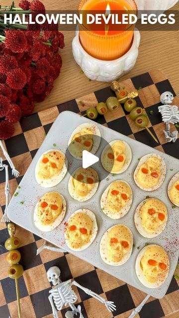 Jessie Jane Daye on Instagram: "Skeleton Deviled Eggs just hit different 😉💀 Comment, “eggs” for the link to the recipe, tutorial, and skull mold sent to your dm!   https://www.jessiedaye.com/all-recipes/2024/9/20/halloween-skeleton-deviled-eggs  #halloween #fall #deviledeggs #easyrecipes" Halloween Deviled Eggs Spider, Devil Deviled Eggs, Skull Deviled Eggs, Deviled Eggs For Halloween, Halloween Deviled Eggs Eyeballs, Skeleton Food Ideas, Fall Deviled Eggs, Halloween Deviled Egg Ideas, Spooky Deviled Eggs