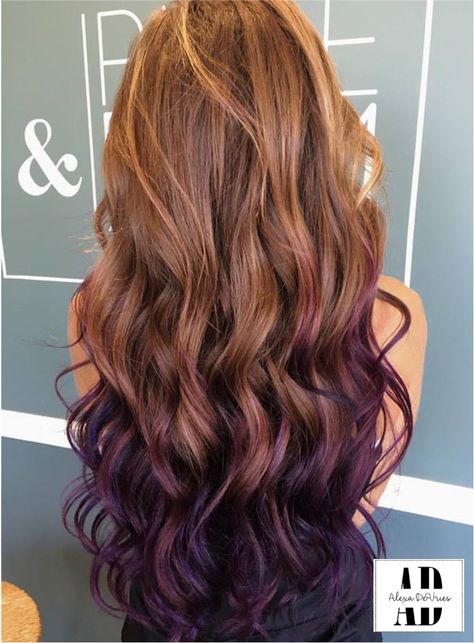 beautifully curled purple and brown hair, balayaged through ends to blend Purple And Brown Hair, Pink Hair Tips, Purple Brown Hair, Coffee Brown Hair, Caramel Ombre, Dyed Tips, Hair Dye Tips, Purple Ombre Hair, Color Tips