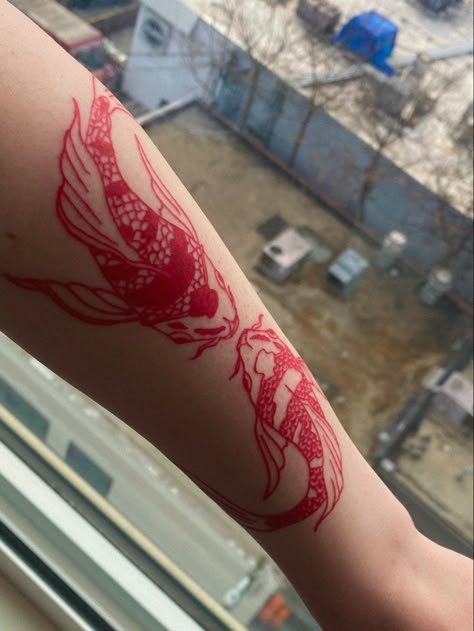 Koi Fish Tattoo Wrapped Around Arm, Red Koi Fish Tattoo For Women, Koi Fish Wrap Around Arm Tattoo, Large Koi Fish Tattoo, Red Leg Tattoos Women, Red Tattoo Arm, Koi Fish Arm Tattoo, Fish Arm Tattoo, Red Koi Fish Tattoo