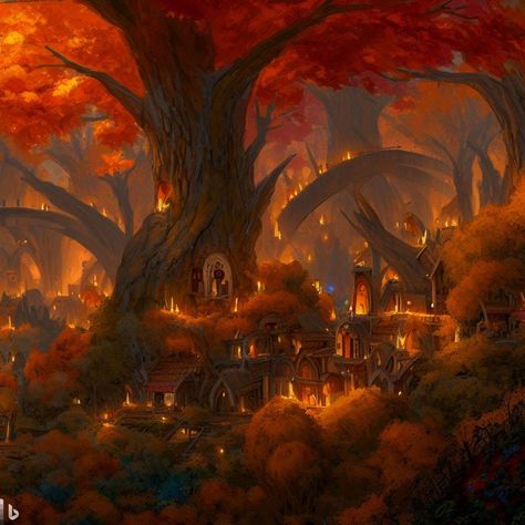 Fire Town Fantasy Art, Autumn City Fantasy Art, Tree Castle Fantasy Forests, Fire Village Fantasy Art, Elven Concept Art, Forest Town Fantasy Art, Fairy Village Illustration, Tree City Fantasy Art, Fire City Fantasy Art