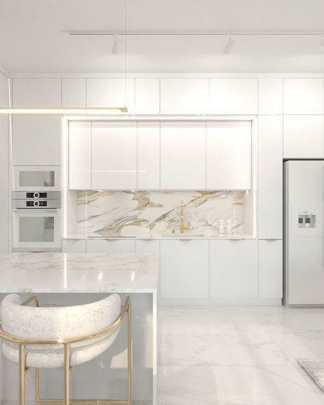 White And Gold Open Plan Kitchen, White Modern Classic Kitchen, White Gold And Grey Kitchen, Marble Gold Kitchen, White Shiny Kitchen Cabinets, White And Gold Modern Kitchen, Kitchen Ideas White And Gold, Modern White And Gold Kitchen, White And Gold Pantry