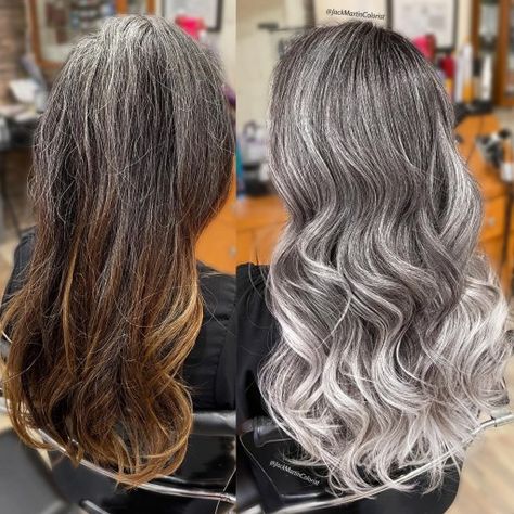 Hair With Silver Highlights, Transitioning To Gray Hair, Brown Hair With Silver Highlights, Grey Balayage, Natural White Hair, Ash Grey Hair, Grey Blending, Jack Martin, Gray Balayage