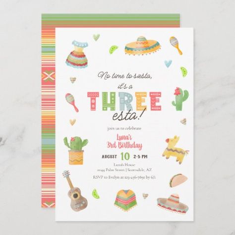 $3.08 | Colorful Mexican Fiesta 3rd Birthday Invitation #fiesta, mexican, tacos, colorful, sombrero, cactus, three-esta, third, 3rd birthday invitations, girl Fiesta First Birthday, 3rd Birthday Invitation, Serape Fabric, Fiesta Birthday Invitations, First Fiesta, Mexican Birthday, Colorful Invitations, Mexican Tacos, 1st Birthday Party Themes