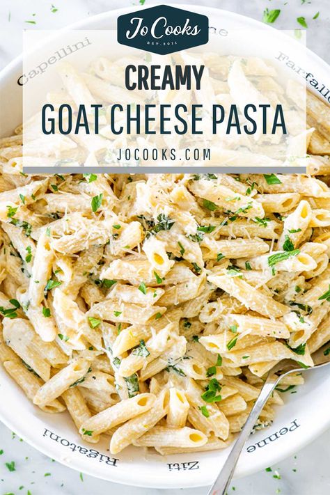 This Creamy Goat Cheese Pasta, made in one pot, will be ready to devour in less than 30 minutes! Creamy goat cheese, lemon and basil for lots of freshness. #goatcheese #pasta #recipe Spinach And Goat Cheese Pasta, Pesto And Goat Cheese Pasta, Easy Goat Cheese Pasta, Things To Make With Goat Cheese, Goat Cheese Dishes, Truffle Goat Cheese Recipe, Goat Cheese Pesto Pasta, Pasta With Goat Cheese Recipes, Recipes For Goat Cheese