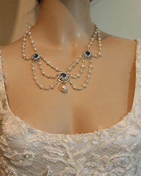 Vintage Bridal NecklaceWedding NecklaceBridal by mylittlebride Feminine Gifts, Sapphire Stones, Pearl Jewelry Design, Motifs Perler, Bridal Pearl Necklace, Pearl Necklace Vintage, Stones Necklace, Pearl Necklace Designs, Pearl Necklace Wedding