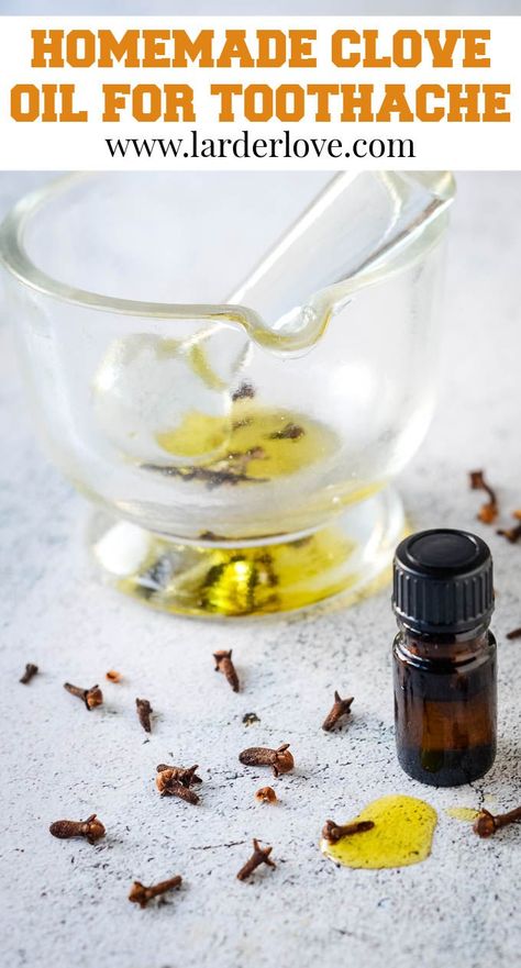 how to make your own natural clove oil to deal with toothache the natural way #toothache #cloveoil #cloveoilfortoothache #curesfortoothache #larderlove Oils For Tooth Ache, Clove Oil For Teeth, Natural Remedies For Cavities, Tooth Pain Relief, Tooth Ache Relief, Remedies For Tooth Ache, Herbal Medicine Recipes, Tooth Pain, Teeth Health