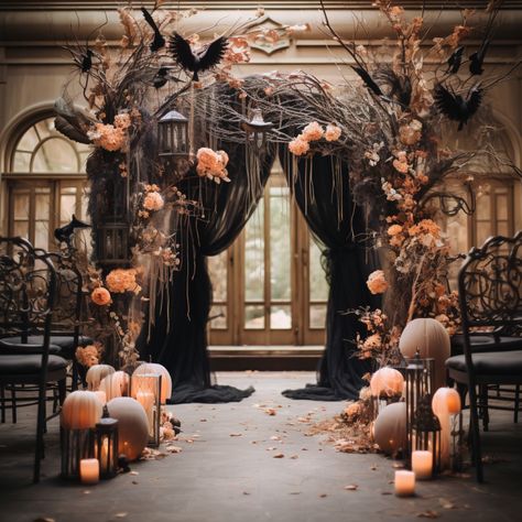 Enchanted Love: A Unique Halloween Wedding in Soft Pink and Owl Accents – A Sparkly Life for Me Halloween Wedding Aisle Decor, Moody Aisle Decor, Halloween Wedding Outdoor, Spooky Wedding Reception, Gothic Halloween Wedding Ideas, Halloween Themed Wedding Decorations, Halloween Backyard Wedding, Halloween Wedding Aisle, Halloween Wedding Ceremony Decor