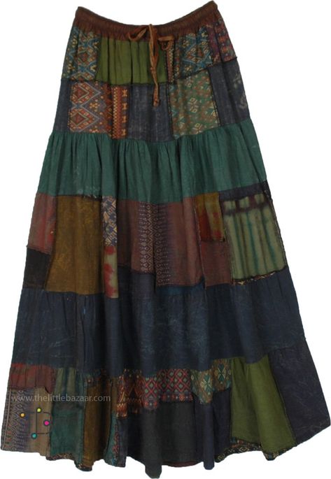 Vintage Bohemian and chic, this patchwork skirt in darker color tones truly stands out. It has assorted patchwork pieced together, mostly consisting of dyed solids and ethnic graphics prints. #tlb #Patchwork #Printed #bohemianfashion #Indian #BohemianPatchworkSkirt Hippie Maxi Skirt, Patch Work Skirt, Thrifting Manifestation, Patchwork Maxi Skirt, Whimsical Gothic, Skirt Patchwork, Plus Size Bohemian, Plus Size Chic, Unique Skirts