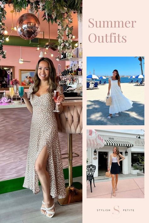 3 images -One of a lady wearing a tan dress with white flowers, another of her wearing a maxi length white dress and the last of her wearing a black skirt, striped white and black shirt with a camel colored sweater End Of Summer Outfits, Mai Thai, Stylish Petite, Everyday Casual Outfits, Target Dress, Summer Outfit Inspiration, One Clothing, Casual Chic Outfit, Casual Work Outfits