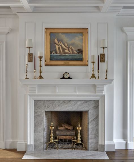 Colonial Home Fireplace, Traditional Home Fireplace, Classic Living Room With Fireplace, Formal Dining Room Fireplace, Transitional Fireplaces Ideas, Marble Chimney Living Rooms, Classic White Fireplace, Living Room Marble Fireplace, Grandmillennial Fireplace