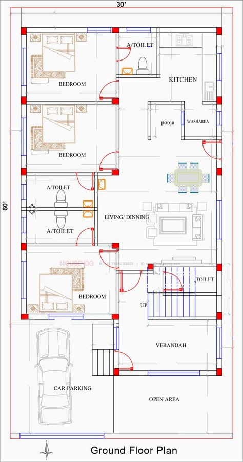 Home Plans Indian, 2000 Sq Ft House Plans One Level, 1800 Sq Ft House Plans, 3bhk House Plan, Open Concept House Plans, Indian House Exterior Design, West Facing House, Unique House Plans, House Plans Ideas