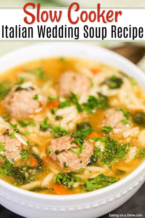 Crock Pot Italian Wedding Soup Recipe has everything you need for a great meal. The chicken meatballs, orzo pasta and veggies make a tasty and easy dinner. Wedding Soup Crockpot, Crockpot Italian Wedding Soup, Meatballs Orzo, Crock Pot Italian, Pasta And Veggies, Homemade Meatballs Easy, Wedding Soup Recipe, Italian Wedding Soup Recipe, Crock Pot Meatballs