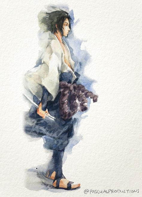 Watercolor Manga Art, Anime Painting Watercolor, Sasuke Watercolor, Naruto Watercolor Painting, Manga Watercolor Anime Art, Sasuke Painting, Naruto Watercolor, Watercolor Art Anime, Watercolor Anime Art