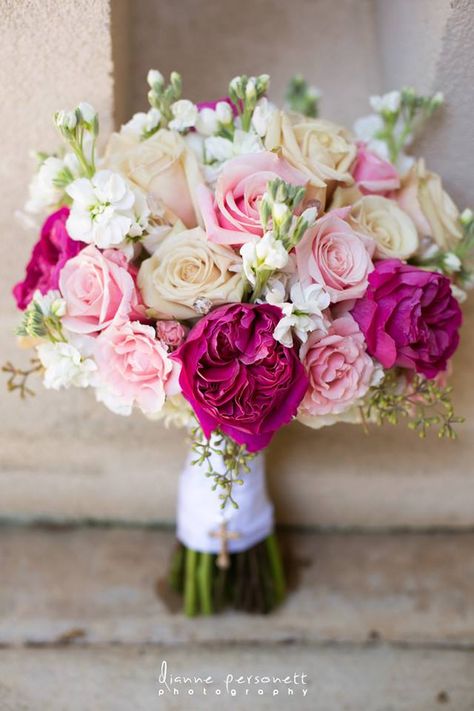 A stunning pink and white bridal bouquet! | www.bellagracefloral.com Pink White Bouquet, Pink And White Rose Bridal Bouquet, Pink And White Bridal Bouquet, Bubblegum Pink Wedding, Different Shades Of Pink Flower Bouquet, Fuschia Bridal Bouquet, Mixed Pink Bouquet, Bride Bouquet Pink, Pink Cascading Bridal Bouquet