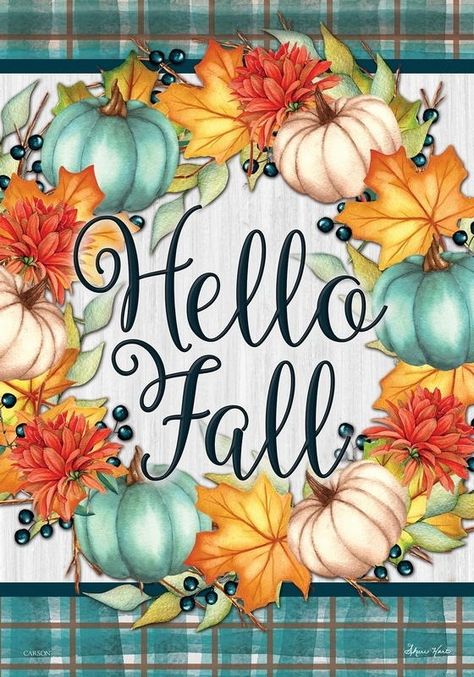 Hello Fall Wreath House Flag Fall Leaf Wreaths, Fall Garden Flag, Fall Banner, Christmas Garden Flag, Fall Printables, Welcome Fall, Pumpkin Wreath, Diy Crystals, Hello Fall