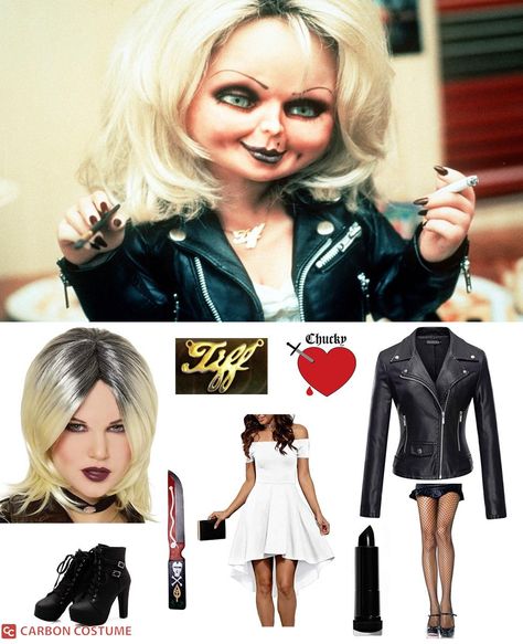 Chuck And Bride Of Chucky Costume, Chuckle And Tiffany Costume, Female Chucky Halloween Costume, Chucky’s Bride, Easy Halloween Costumes Blonde Hair, Chuckie And Bride Costume, Diy Tiffany Costume Chucky, Halloween Costumes Horror Movies Women, Chuckies Bride Costume