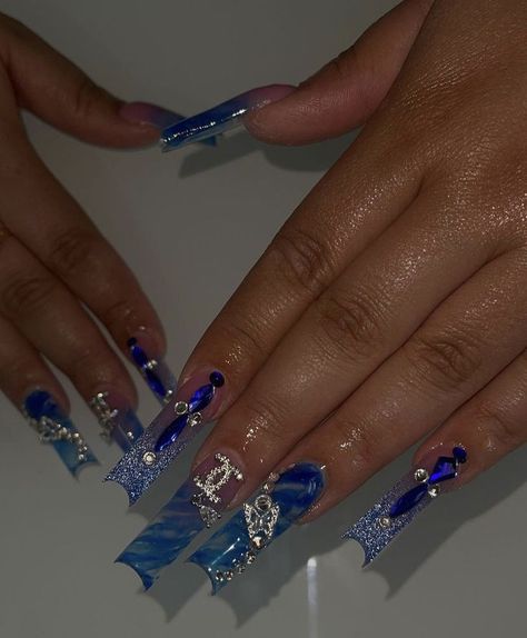 Square Acrylic Nails With Rhinestones, Long Nails Brown, Blue Square Acrylic Nails, Blue Square Acrylic, Brown Nails Short, Royal Blue Prom Nails, New Year Nails Ideas, Acrylic Nails With Rhinestones, Nails New Year