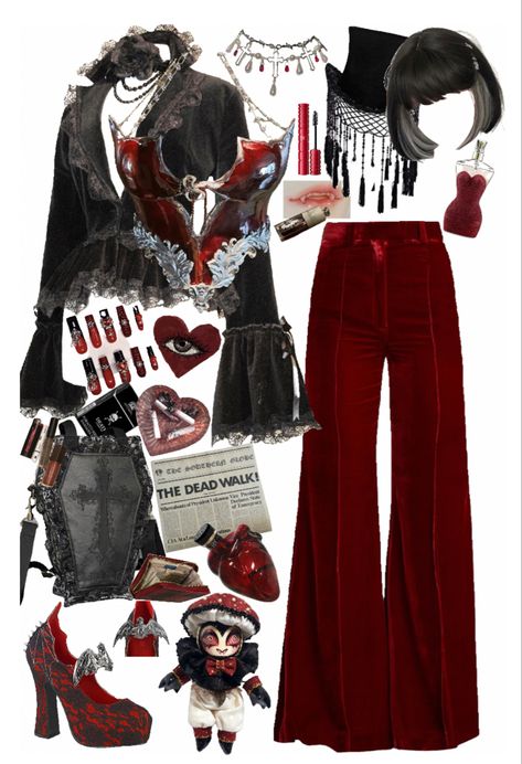 Vamp Inspired Outfits, Red Queen Inspired Outfits, Demoncore Aesthetic Outfits, 70s Vampire Aesthetic, Vampire Gothic Outfits, Summer Vampire Outfit, Demoncore Outfits, Devilcore Outfits, Gothic Vampire Aesthetic Outfit