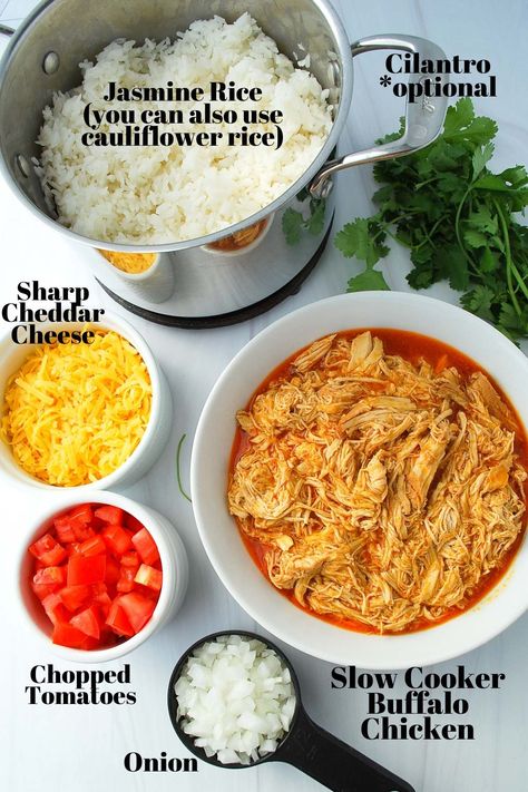 Buffalo Chicken Meal Prep, Buffalo Chicken Rice Bowl, Fluffy Jasmine Rice, Chicken Bowl Meal Prep, Crockpot Meal Prep, Chicken Meal Prep Bowls, Chicken Lunch, Chicken Rice Bowls, Meal Prep Clean Eating