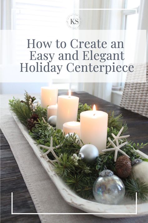 How to Create an Easy and Elegant Holiday Centerpiece Southern Coastal Christmas Decor, Coastal Christmas Centerpiece Ideas, Coastal Christmas Table Centerpieces, Coastal Christmas Coffee Table Decor, Modern Coastal Christmas Tree, Beach Cottage Christmas Decor, Seaside Christmas Decor, Summer Christmas Decor Ideas, Coastal Christmas Centerpieces