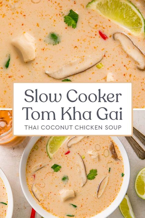 Slow Cooker Tom Kha Soup, Tom Kha Soup Recipe, Tom Kha Soup, Coconut Chicken Soup, Thai Coconut Chicken Soup, Soup Thai, Thai Coconut Chicken, Tom Kha, Vegan Fish