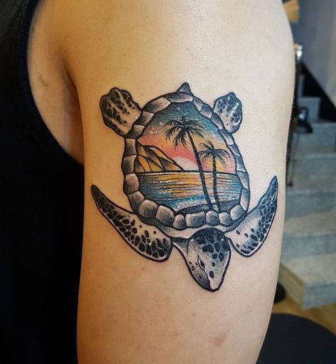 Many people turtles associate with spacious long beaches, beautiful sunsets spent on them, palm trees and exotic. Hawaiian Turtle Tattoos, Tattoos Beach, Tortoise Tattoo, Turtle Tattoos, Scene Tattoo, Sea Turtle Tattoo, Turtle Tattoo Designs, Sunset Tattoos, Kunst Tattoos