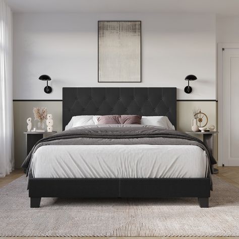 Make a statement in your bedroom with a simple but elegant style upholstered panel bed. The tufted headboard adorned with classic button tufting and filled with foam provide comfortable lean while you read before the light's out. Black Leather Bed, Upholstered Beds Grey, Button Headboard, Tufted Platform Bed, Leather Bed Frame, Upholstered Panel Bed, Queen Platform Bed, Wood Bed Frame, Leather Bed