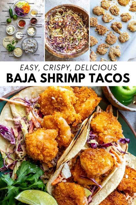 Baja Shrimp Tacos are crispy and delicious, served over creamy chipotle coleslaw. Ready in 30 minutes, this is the perfect quick and easy dinner recipe or lunch idea. These crispy shrimp tacos are sure to be a summer recipe staple. Chipotle Coleslaw, Crispy Shrimp Tacos, Baja Shrimp, Baja Shrimp Tacos, Cilantro Shrimp, Tacos Easy, Shrimp Tacos Easy, Easy Coleslaw, Easy Healthy Lunch Recipes