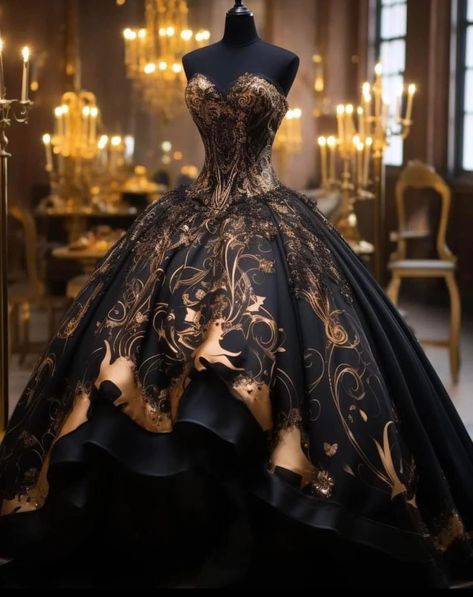 Black And Gold Ball Gown, Mascarade Dresses, Masquerade Ball Gowns, Black Wedding Gowns, Expensive Dresses, Gothic Wedding Dress, Dream Wedding Ideas Dresses, Fantasy Gowns, Fairytale Dress