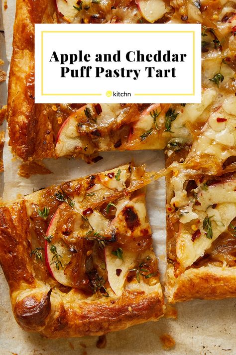 Apple Cheese Tart, Fall Puff Pastry Recipes Savory, Apple Cheddar Bundles, Puff Pastry Apps, Onion Tart Puff Pastry, Puff Pastry App, Honey Baking, Onion Appetizers, Puff Pastry Recipes Savory