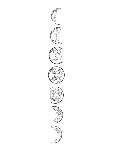 Moon Phases Tattoo Line Work, Moon Phases Tattoo Stencil, Moon Phase Line Art, Moon Phase Stencil, Fineline Moon Phases Tattoo, Vertical Moon Phases Tattoo, One Line Moon Tattoo, Moon Sequence Tattoo, Fine Line Moon Phase Tattoo