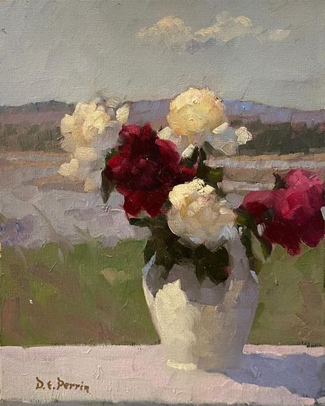 Dennis Perrin 🎨 Master Painter on Instagram: "Is Dennis the only artist who’s ever painted such scenes? A vase of flowers in front of a sunlit landscape? When you’ve been an artist for 4 decades you try a lot of different scenes. He especially liked painting a vase of flowers on the porch, where he, his easel,  and palette were protected as well as the flowers with the beautiful landscape in the background.  #dennisperrinfineart  #dennisperrinartist #dennisperrinflowers" Painting A Vase, Dennis Perrin, A Vase Of Flowers, Vase Of Flowers, The Porch, The Flowers, An Artist, Floral Painting, You Tried