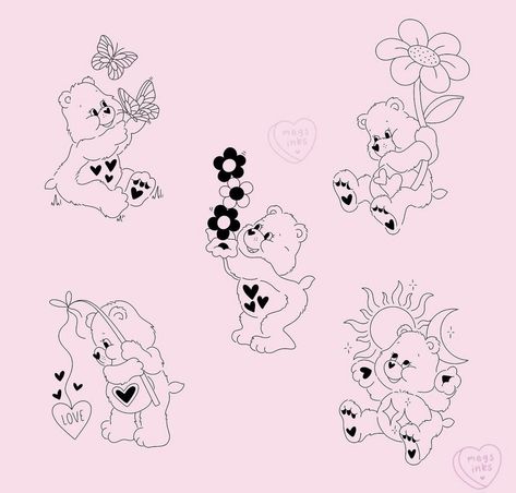 Care Bear Tattoos For Women, Tender Heart Bear Tattoo, Tattoo Ideas Carebear, Tiny Care Bear Tattoo, Boo Boo Bear Tattoo, Love A Lot Care Bear Tattoo, Matching Care Bear Tattoos, Carebear Tattoo Ideas, Care Bear Outline