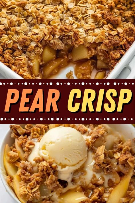 This pear crisp recipe has the perfect balance of tender, juicy spiced pears and a crispy, nutty oat topping. It's easy to make with simple ingredients. Easy Pear Crumble, Red Pear Dessert Recipes, Pear Apple Crisp Easy Recipes, Baking With Pears Dessert Recipes, Best Pear Dessert Recipes, Pear Food Ideas, Fresh Pears What To Do With Healthy, Baked Pear Recipes Easy, Fresh Pear Crisp Recipe