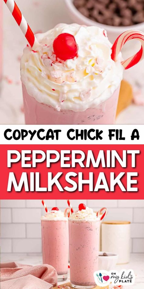 Bring the holiday spirit to your kitchen with this easy Peppermint Milkshake recipe! Creamy, minty, and just as tasty as Chick-fil-A’s version, you'll love this copycat recipe at Christmas and all year! Peppermint Milkshake Recipe, Drink Ideas For Kids, Thanksgiving Slow Cooker, Dessert Ideas For Kids, Chocolate Fudge Bars, Peppermint Milkshake, Juice Ideas, Lemon And Strawberry, Best Milkshakes